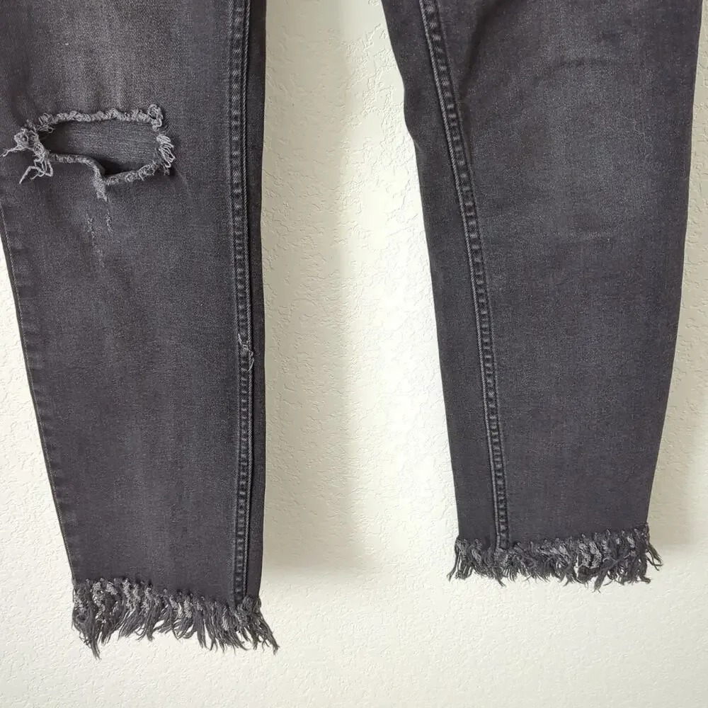 Free People Women's Great Heights Fringe Skinny Black Distressed Jeans 29 Frayed